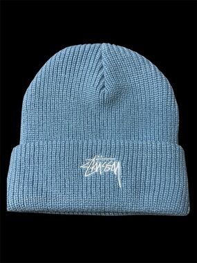 Stüssy Stock Logo Cuff Beanie Light Blue Ribbed Knit OS